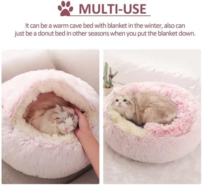 Round Fluffy Hooded Cat Bed Cave, Anti-Anxiety Cave Bed - Image 3