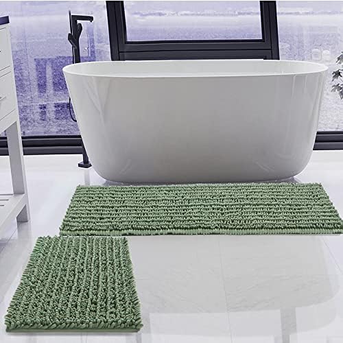Luxury Chenille Sage Green Bathroom Rugs Sets 2 Piece, Thickened Hot Melt by HVERONNEX