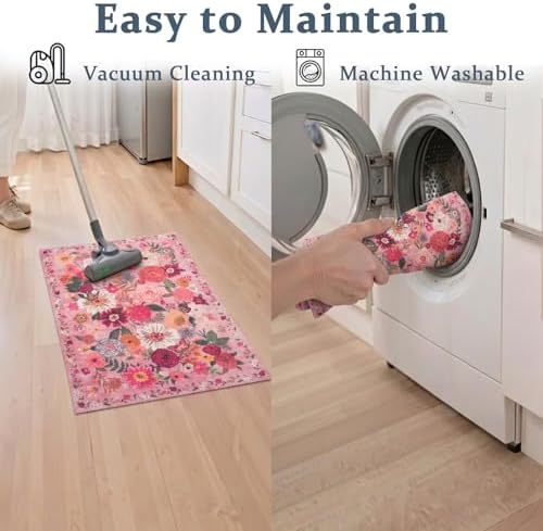 24x17 Inch Door Mat Indoor Entrance, Floral Area Rug Non Slip Pink - Image 2