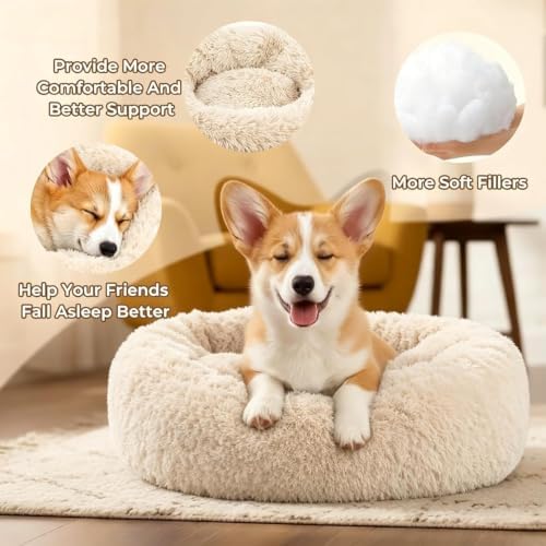 Calming Large Donut Dog and Cat Bed, Anti-Anxiety Round Soft Fluffy Plush Faux - Image 4