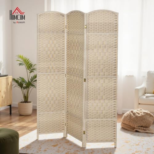 HOMCOM 3 Panel Room Divider 6 Ft Privacy Screen Hand-Woven Washed Oak - Image 2