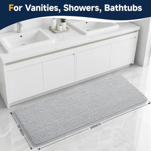 Ophanie Grey Bathroom Runner Rugs 60x20, Soft Chenille Bath Mat, Non Slip - Image 2