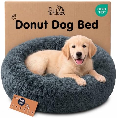Calming Donut Dog Bed for Small Dogs, Round Dog Bed for Medium & Large Dogs by Petloox