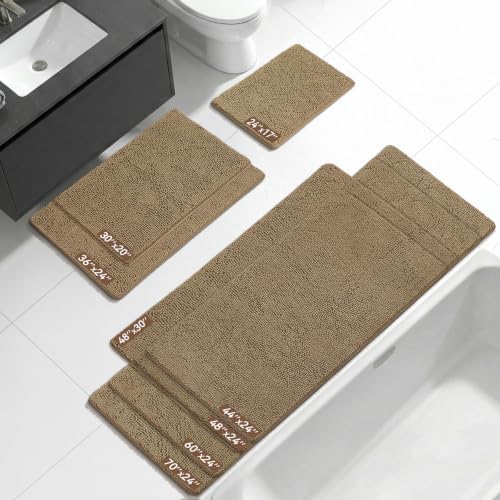 Bcoimo Bath Rug Mat, 44x24 Chenille Non Slip Tan Long Bathroom Runner Rugs - Image 2