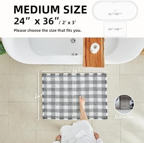 TYUU Waffle Bath Mat, Checkered Bathroom Rugs Non Slip, 36x24 Black & White - Image 2