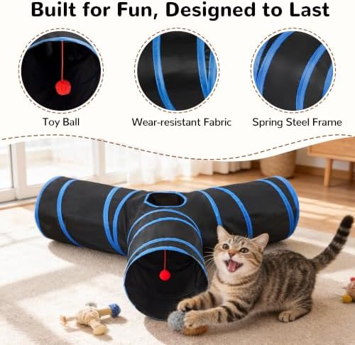 Tempcore Cat Tunnel, 3-Way Collapsible Toy, Large Size Black & Royal Blue - Image 5