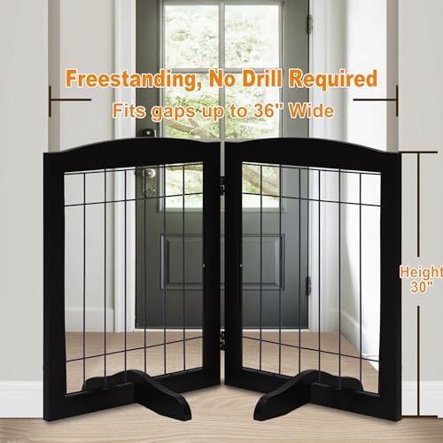 LZRS 2-Panel Freestanding Adjustable Wooden Dog Gate—30” Tall Foldable Pet - Image 2