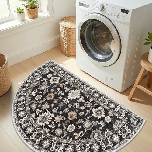 Black Vintage Washable Entryway Rug：1.7x3 Semicircular Non Slip Resistant Design - Image 3