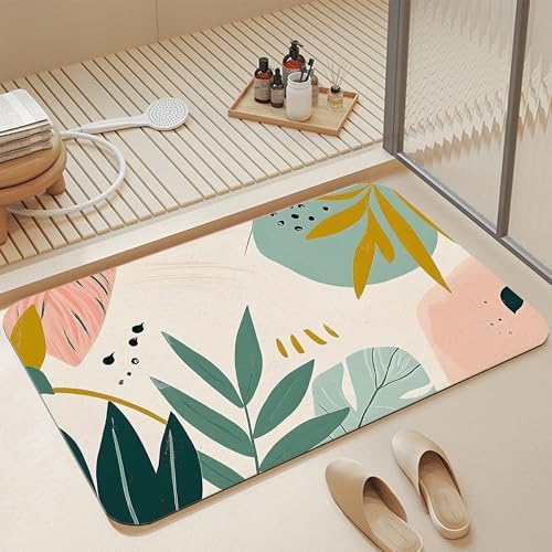 Bohemian Leaves Bath Mat, Fast Drying Mid Century Abstract Bathmats by Unknown