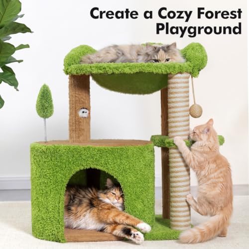WOOCHPET Small Cat Tree with Scratching Post and Cat Hammock - Image 3