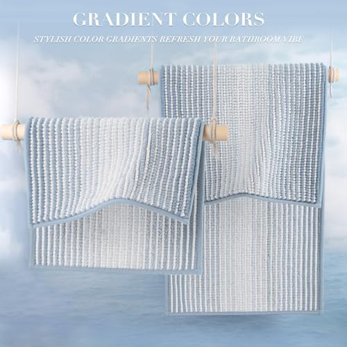 BSICPRO Large Chenille Bathroom Rugs, 24x43 Striped Bath Mats, Ice Blue - Image 5