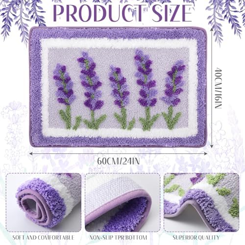 Boao Lavender Purple Floral Bath Mat Non Slip Bathroom Rug, 24 x 16 in - Image 2