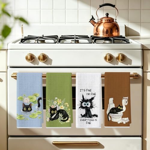 4 Pcs Funny Black Cat Kitchen Towels, Cute Cats Gifts Reusable Dish Towels - Image 5