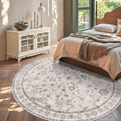 Round Rug 5ft Dining Room Rugs Soft Washable Low Pile Circle Carpet Beige - Image 3