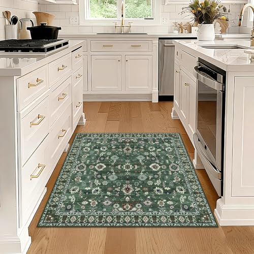 Washable 3x3 Square Rug for Entry Bathroom Kitchen Bedroom Green - Image 3
