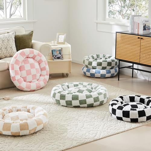 Ohocut Checkered Cat Dog Bed, Cute Beige Khaki Retro Style Aesthetic Round - Image 7