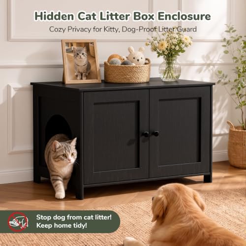Hidden Cat Litter Box Enclosure Furniture, Dog Proof Kitty Washroom Cabinet - Image 7