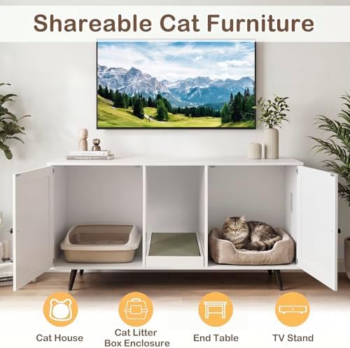 Tangkula Double Cat Litter Box Enclosure, Large Hidden Wooden Cat Cabinet - Image 3