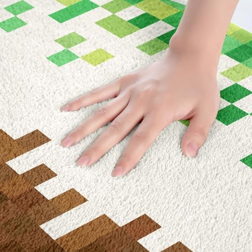 Pixelated Bath Rug, Geometric Patchwork Grid Shaggy Absorbent Non Slip Floor Mat - Image 5