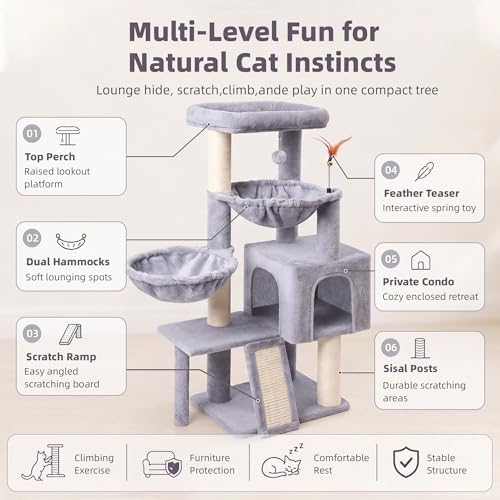 Cat Tree with Cat Condo and Two Hammocks, Cat Tree with Scratching Posts and - Image 6