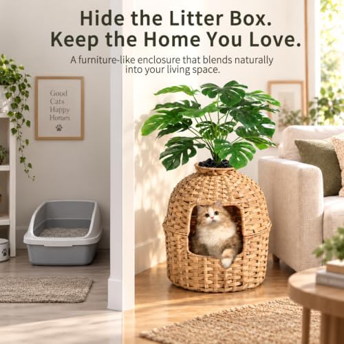 SETVSON Cat Litter Box Plant Furniture Enclosure, Rattan PE House - Image 2