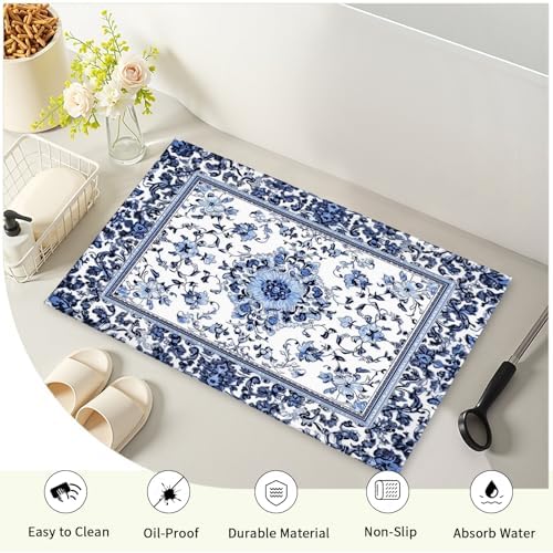 Giwawa Boho Floral Bath Rug Blue Leaves Soft Absorbent Bath Carpet 20x32 Inch - Image 4