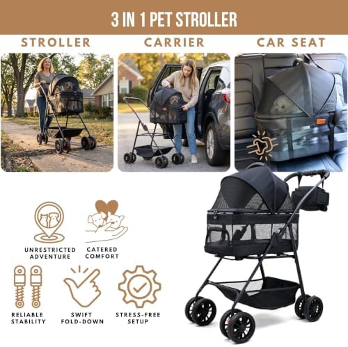 Bicystar 3 in 1 Pet Stroller, Cat Stroller w/Detachable Carrier - Image 2
