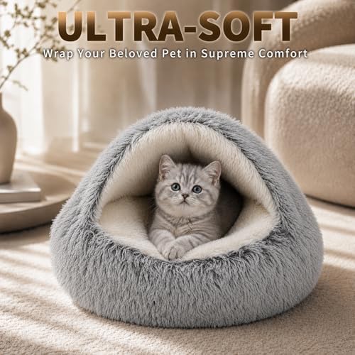 ShinHye Cat Bed Round Plush Fluffy Hooded Cat Bed Cave, Cozy - Image 3