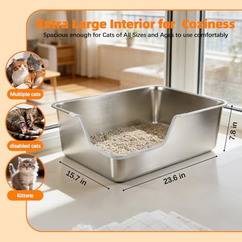 Stainless Steel Litter Box, Extra Large High Sided Litter Box - Image 2