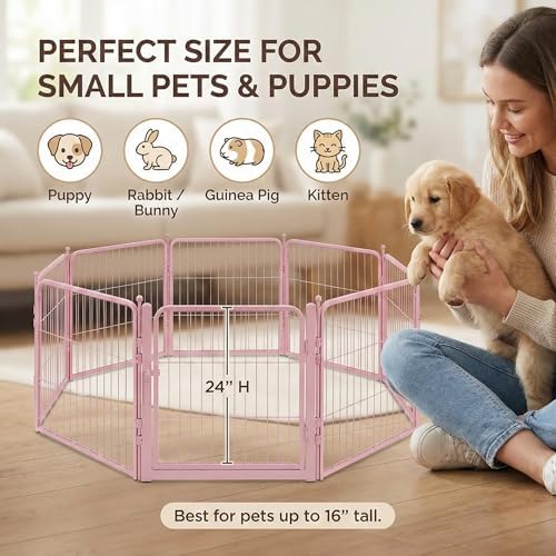 24" Pink Dog Playpen, 8-Panel Heavy Duty Metal Square Tube Puppy Pen - Image 2