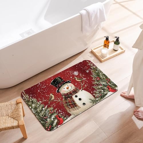 Christmas Snowman Bathroom Rugs, Non Slip Quick Dry Winter Cardinal Birds Bath - Image 3