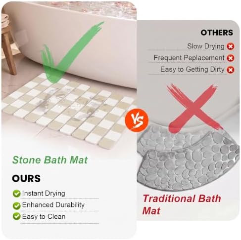 Taupe White Buffalo Check Stone Bath Mat, Diatomaceous Stone Bathroom Mats - Image 5
