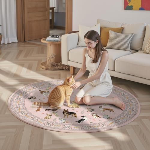Pink 4Ft Round Dogs Area Rug for Living Room Bedroom - Image 2