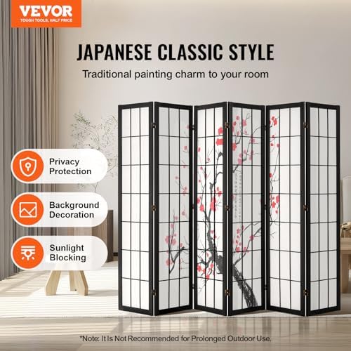 VEVOR Room Divider, 6 Panel Japanese Room Divider Screen, Wood Folding Privacy - Image 2