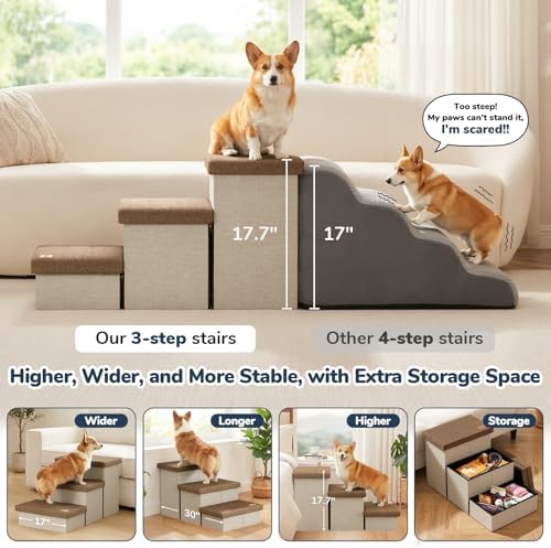 3-Step Wide Dog Stairs with Hidden Storage 18" H, Non-Slip Dog Steps - Image 3