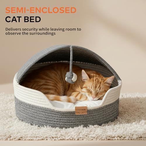 CHEERPALS Cat Basket Bed with Washable Cushion and Ball Rope Cotton, Covered - Image 4
