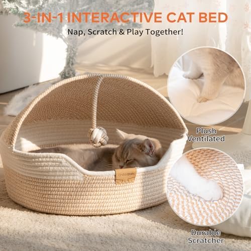 CHEERPALS Cat Basket Bed with Washable Cushion and Ball Rope Cotton, Covered - Image 5