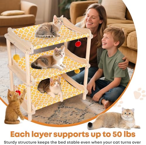 Large 3-Layer Cat Hammock Bed, Breathable Washable Covers, Wooden Pet Furniture - Image 5