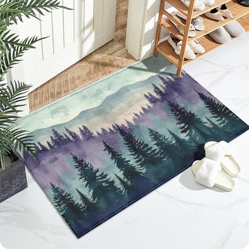 Green Purple Misty Forest Bath Mat by VisittheDuibelproduct