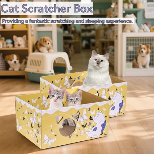 Tlence 2 Pack Cardboard Cat Scratcher Box, Butterfly Pattern Cat Hideaway House - Image 7