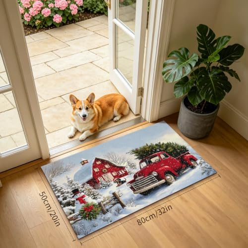Giwawa Red Truck Bath Rug Winter Xmas Tree Microfiber Front Door Mat 20x32 Inch - Image 2
