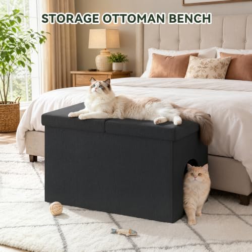 3-in-1 Cat Litter Box Enclosure Furniture, Cat Ottoman, Dark Grey - Image 5