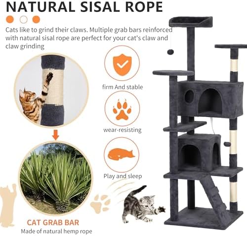 BestPet | 62" Cat Tree Tower | Dark Gray | Sturdy Multi-Level Cat Tree - Image 4