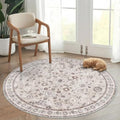 Round Rug 5ft Dining Room Rugs Soft Washable Low Pile Circle Carpet Beige by NYZEL