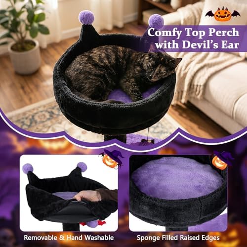 PETSITE 57-inch Gothic Cat Tree, Bat-Shaped Dangling Ball, Comfy Condo - Image 5