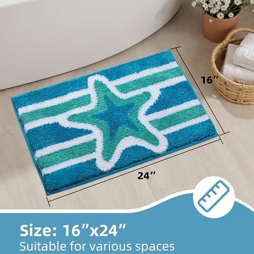 Blue Coastal Bathroom Rugs Non Slip Absorbent Fluffy Plush - Image 2