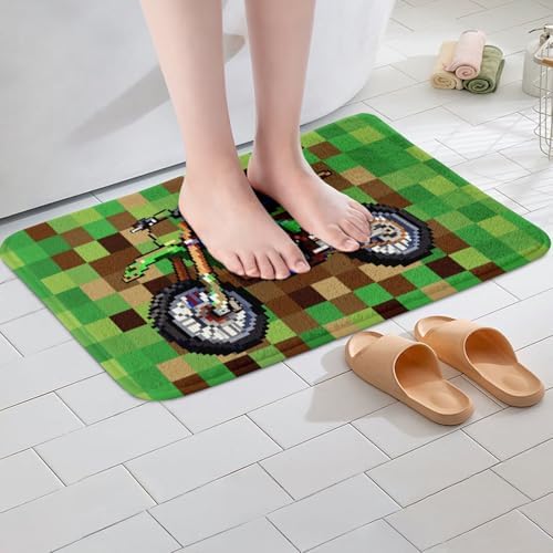 Cool Motorcycle Bath Rug, Pixelated Geometric Grid Shaggy Absorbent Non Slip - Image 2