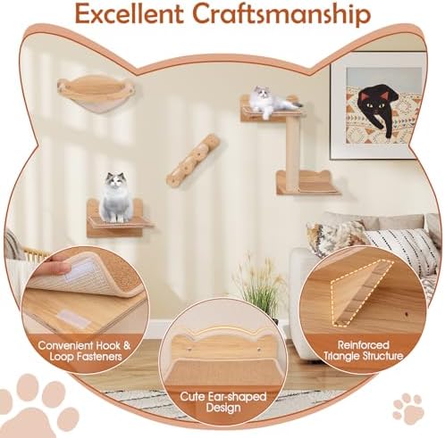 Tangkula Cat Wall Shelves, 4 Pieces Wooden Wall Mounted Kitten Furniture Set - Image 5