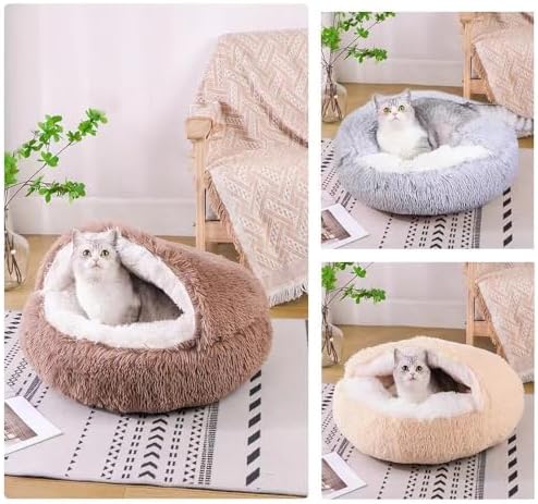 Cat Bed Round Fluffy Hooded Cat Bed Cave, Anti-Anxiety Cave Bed - Image 5