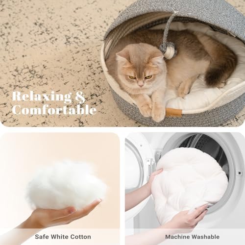 CHEERPALS Cat Basket Bed with Washable Cushion and Ball Rope Cotton, Covered - Image 6